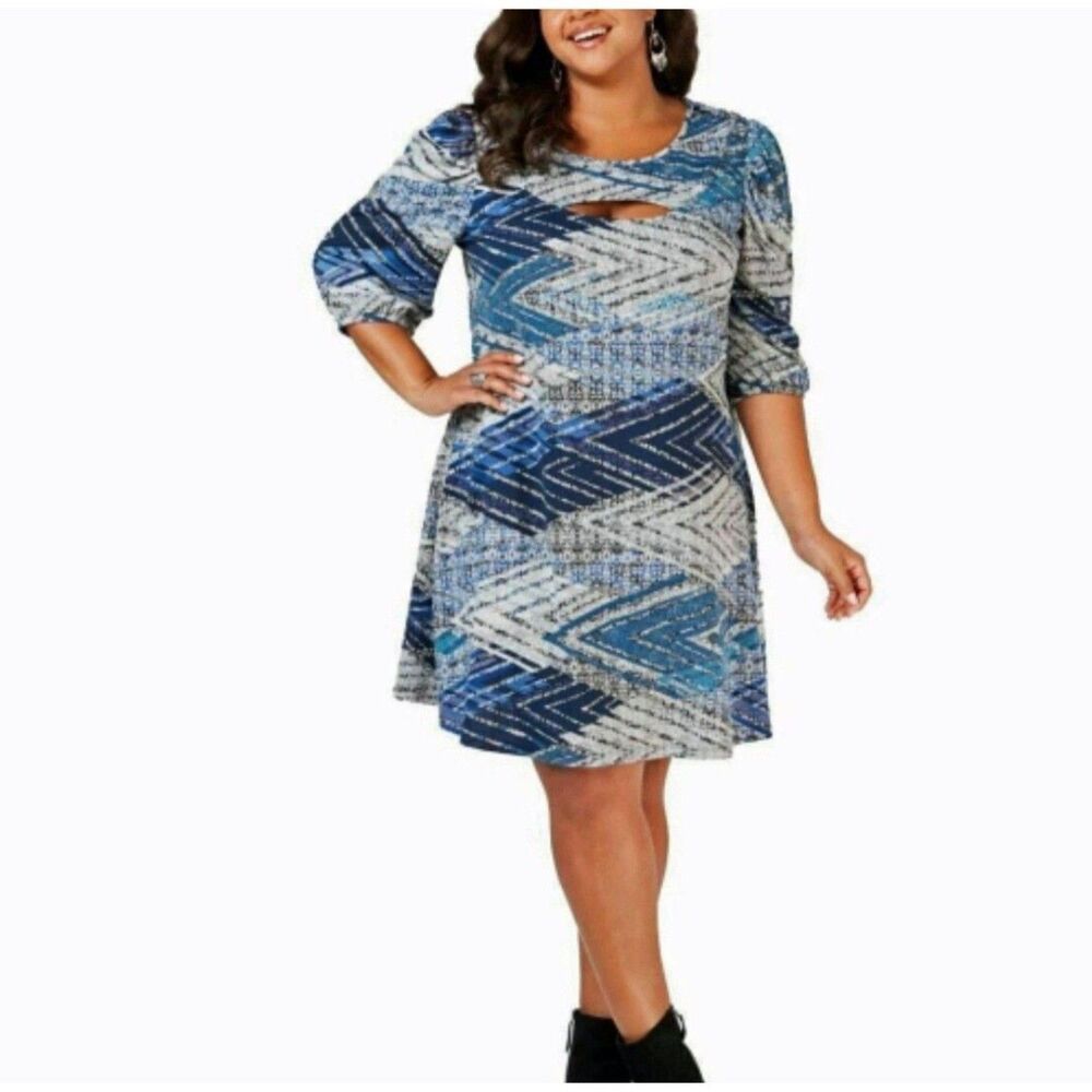 NY Collection Plus Size 1XP PETITE Blue Geometric Cutout Puff Sleeve Dress NWT